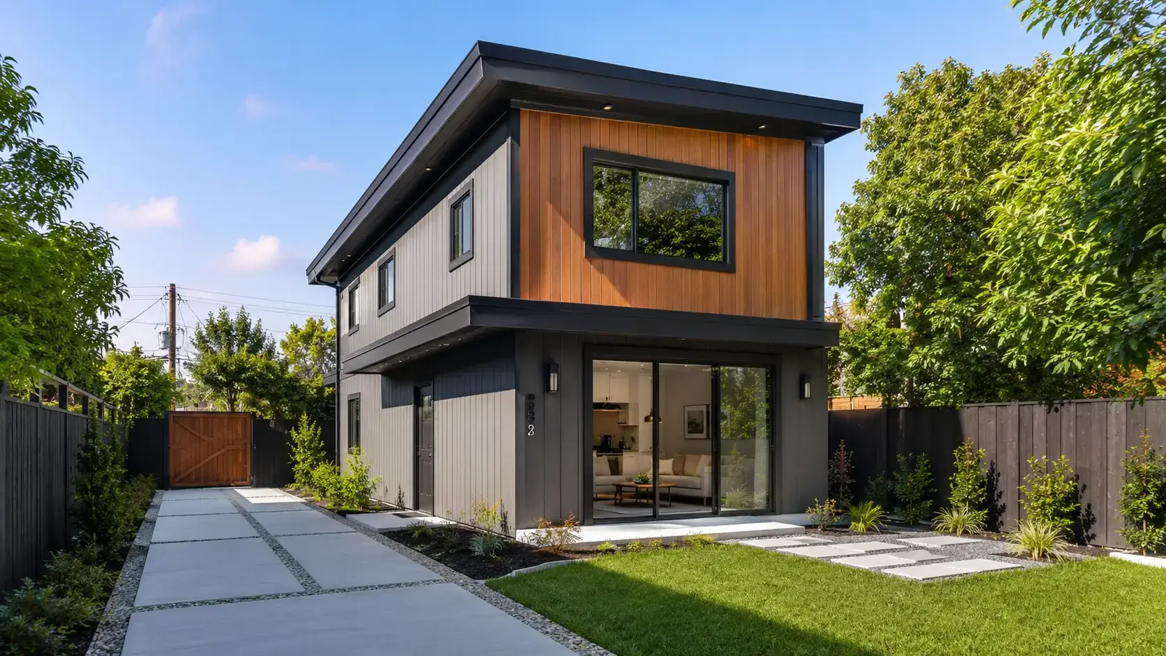 Modern two-story ADU with wood and charcoal siding, large windows, landscaped yard, and concrete driveway.