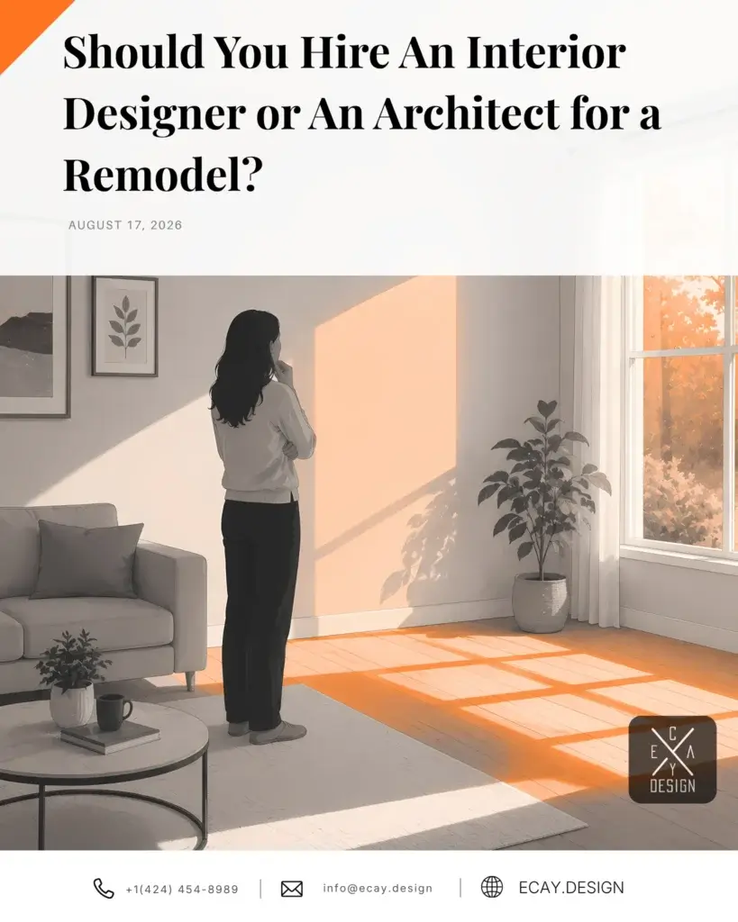 A woman contemplating on her choices between an interior designer or an architect for her home remodel.